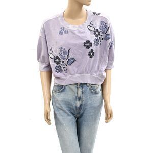 Anthropologie Floral Embroidered Cropped Sweatshirt Top Short Sleeve XS 284278